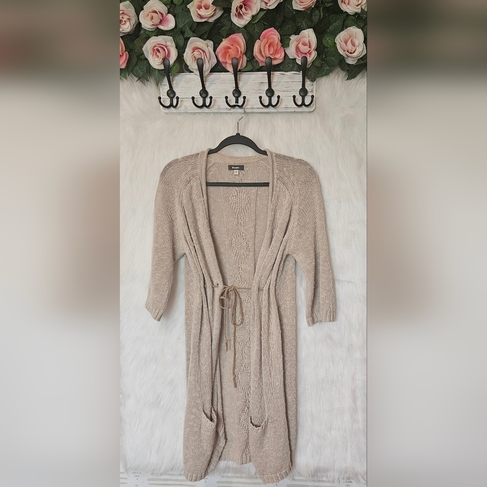 Roots Classic Knit Longline Cardigan w/ Tie Belt and Pockets